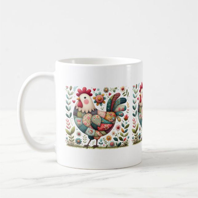 Folk Patchwork Rooster with Floral Accents Coffee Mug (Left)