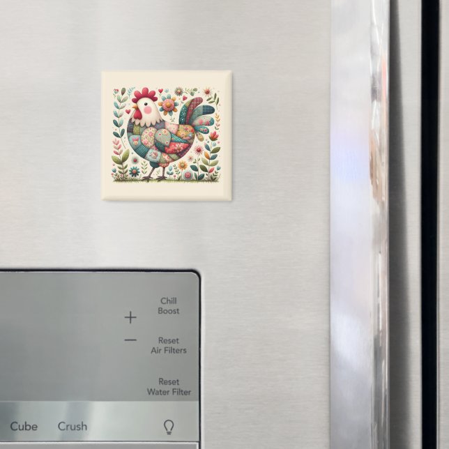 Folk Patchwork Rooster with Floral Accents Magnet (In Situ (Fridge))