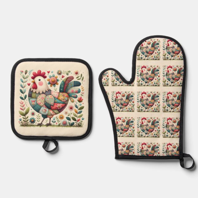 Folk Patchwork Rooster with Floral Accents Oven Mitt & Pot Holder Set (Front)