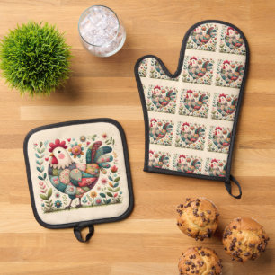 Folk Patchwork Rooster with Floral Accents Oven Mitt & Pot Holder Set