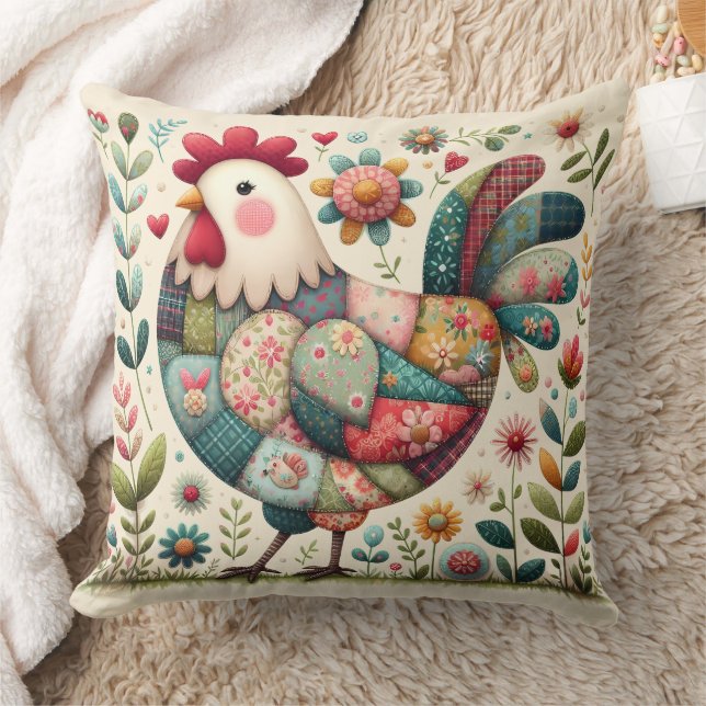 Folk Patchwork Rooster with Floral Accents Throw Pillow (Blanket)