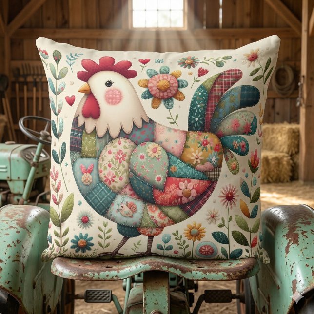 Folk Patchwork Rooster with Floral Accents Throw Pillow (Folk Patchwork Rooster with Floral Accents Throw Pillow Mockup D)