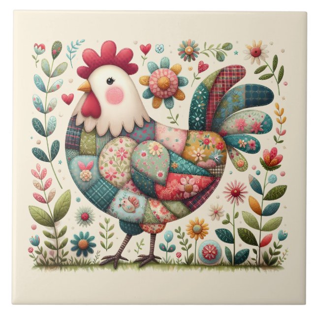 Folk Patchwork Rooster with Floral Accents Tile (Front)