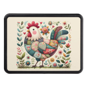 Folk Patchwork Rooster with Floral Accents Trailer Hitch Cover