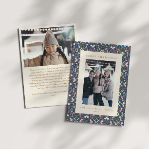 Folk Pattern Border Colorful Christmas Photo Blue Holiday Card
