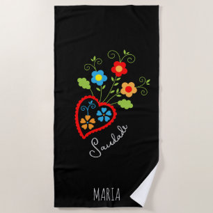 Folk portuguese blooming heart beach towel