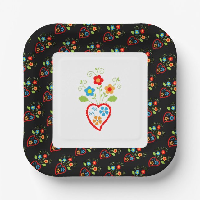 Folk portuguese blooming heart paper plate (Front)