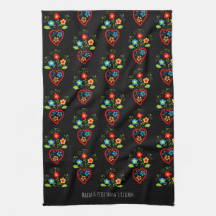 Folk portuguese blooming heart pattern kitchen towel