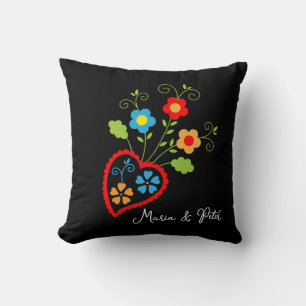 Folk portuguese blooming heart throw pillow