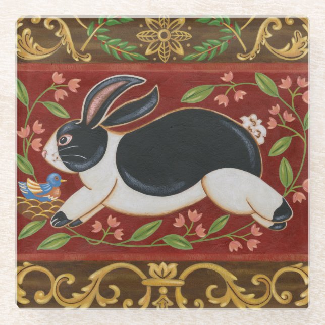 Folk Rabbit Glass Coaster (Front)