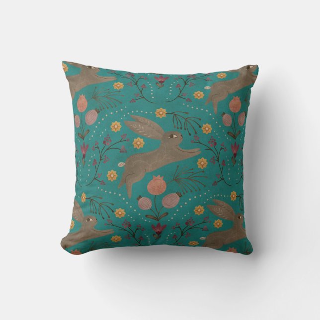 Folk Rabbits Throw Pillow (Front)