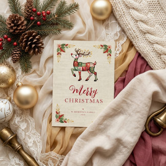 Folk Reindeer Patchwork Christmas Greetings TMF26 Holiday Card