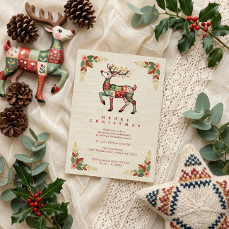 Folk Reindeer Patchwork Christmas Lunch TMF26 Invitation