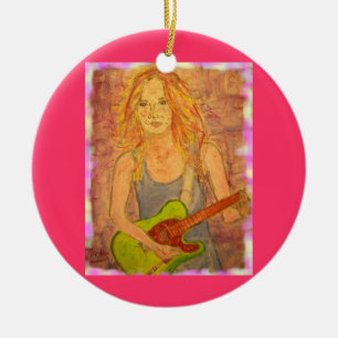 folk rock girl playin' electric coloured edges ceramic ornament