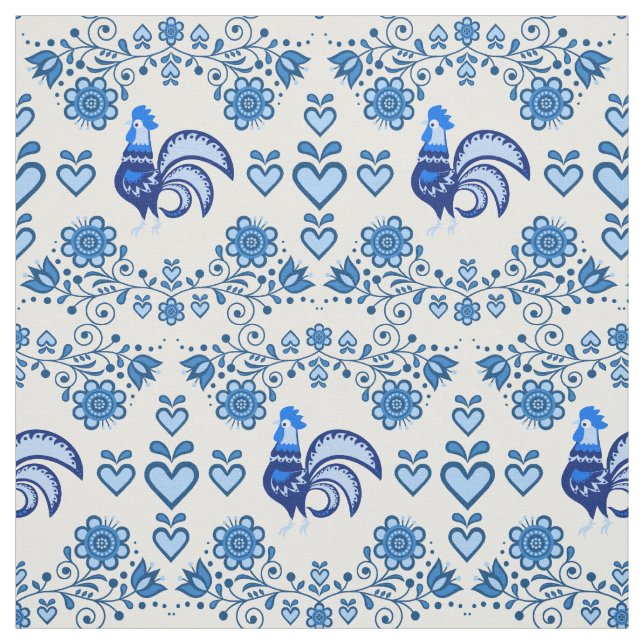 Folk Rooster/Cockerel blue/blue floral ,hearts/4" Fabric (Swatch)