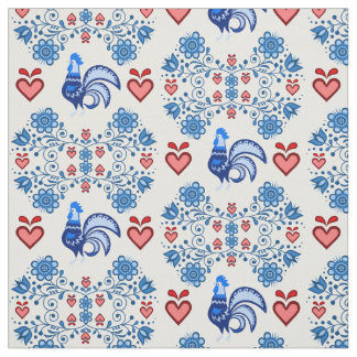 Folk Rooster/Cockerel /blue/red floral, hearts 4" Fabric