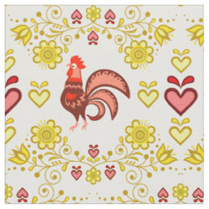 Folk Rooster/Cockerel gold/floral, hearts/4" Fabric