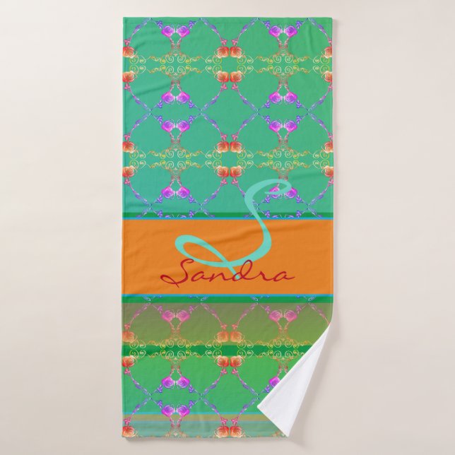 Folk Rose Hearts Monogram Apricot Teal  Bath Towel Set (Bath Towel)