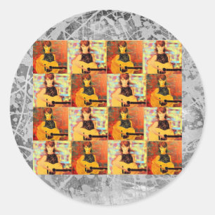folk singer girl collage silver drip classic round sticker