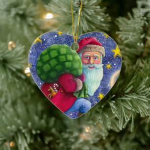 FOLK ST. NICK TIPTOES ON ROOFTOPS WITH BAG OF TOYS CERAMIC ORNAMENT