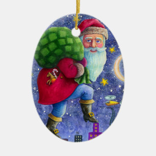 FOLK ST. NICK TIPTOES ON ROOFTOPS WITH BAG OF TOYS CERAMIC ORNAMENT