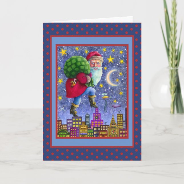 FOLK ST. NICK TIPTOES ON ROOFTOPS WITH BAG OF TOYS HOLIDAY CARD (Front)