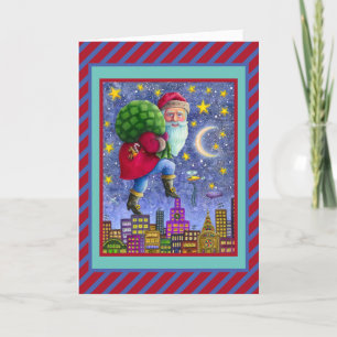 FOLK ST. NICK TIPTOES ON ROOFTOPS WITH BAG OF TOYS HOLIDAY CARD