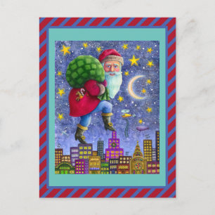 FOLK ST. NICK TIPTOES ON ROOFTOPS WITH BAG OF TOYS POSTCARD