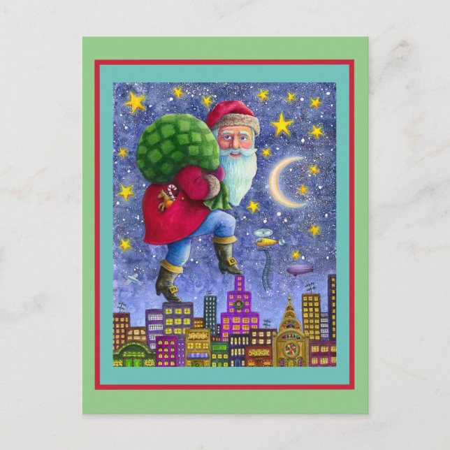 FOLK ST. NICK TIPTOES ON ROOFTOPS WITH BAG OF TOYS POSTCARD (Front)