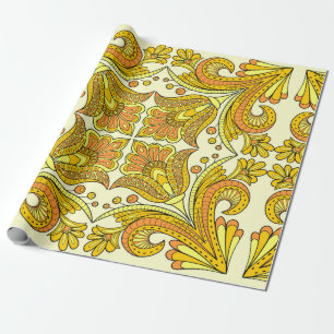 Folk style floral design in yellow wrapping paper
