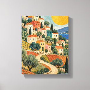 Folk Sun over a Patchwork Village Canvas Print