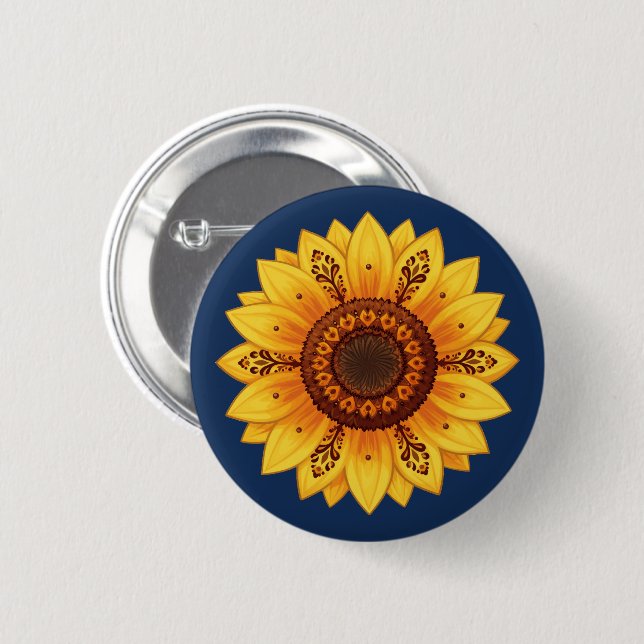 Folk Sunflower Ukrainian Ornamental Patterns Flag 2 Inch Round Button (Front & Back)