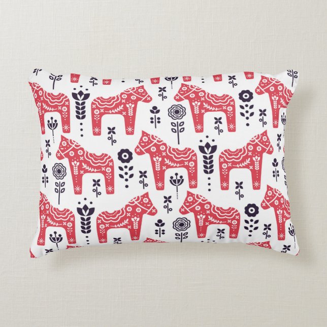 Folk swedish horse floral seamless pattern.  accent pillow (Front)