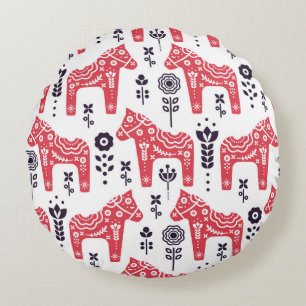 Folk swedish horse floral seamless pattern.  round pillow