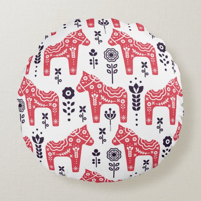 Folk swedish horse floral seamless pattern.  round pillow (Front)
