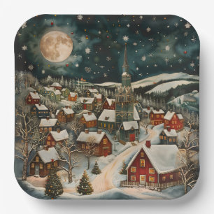 Folk Winter Village Paper Plate