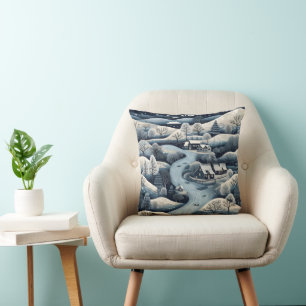 Folk Winter Village Throw Pillow