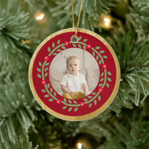 Folk Wreath Photo Christmas Ceramic Ornament