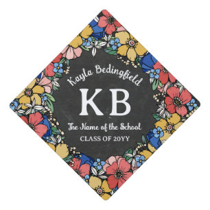 Folk Yellow Blue Coral Floral Wreath Monogram Graduation Cap Topper