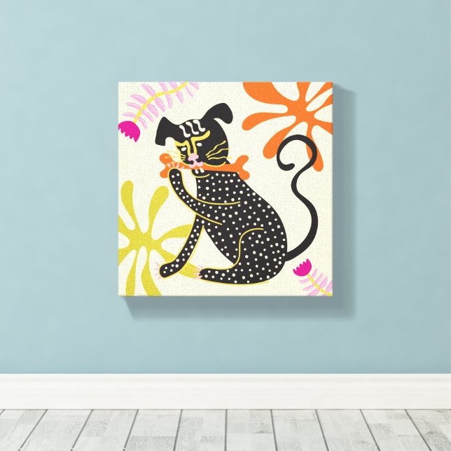 Folkart Boho Abstract Black Dog hand drawn  Canvas Print (Insitu(Wood Floor))