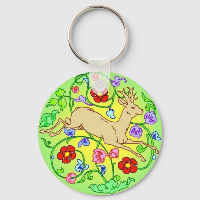 Folkart Deer Buck Running Through a Garden Keychain (Front)