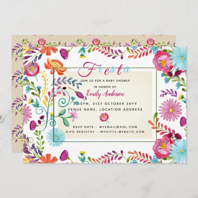 Folkart Fiesta Baby Shower Invites Watercolor (Front/Back)