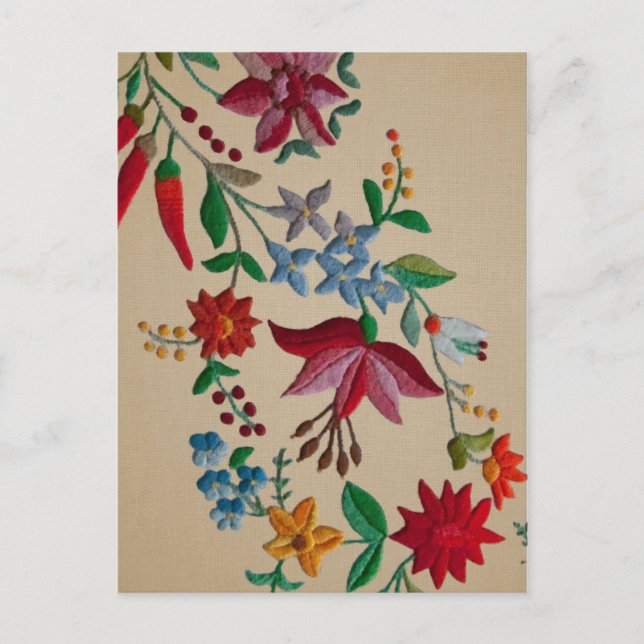 Folkart Flower Embroidery on Linen Look Backing Postcard (Front)