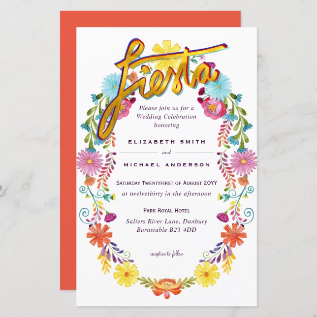 Folkart Flower Fiesta Wedding Invitation Boda  (Front/Back)