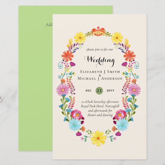 Folkart Flower Fiesta Wedding Invitation Boda  (Front/Back)