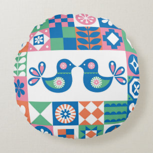 Folklore Floral Card: Scandinavian Design. Round Pillow