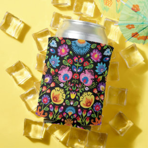 Folklore flowers Wycinanki black  Can Cooler