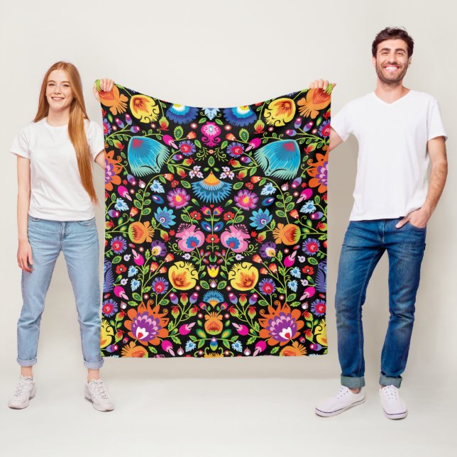 Folklore flowers Wycinanki black  Fleece Blanket (In Situ)