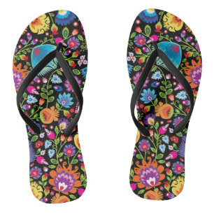 Folklore flowers Wycinanki black Flip Flops