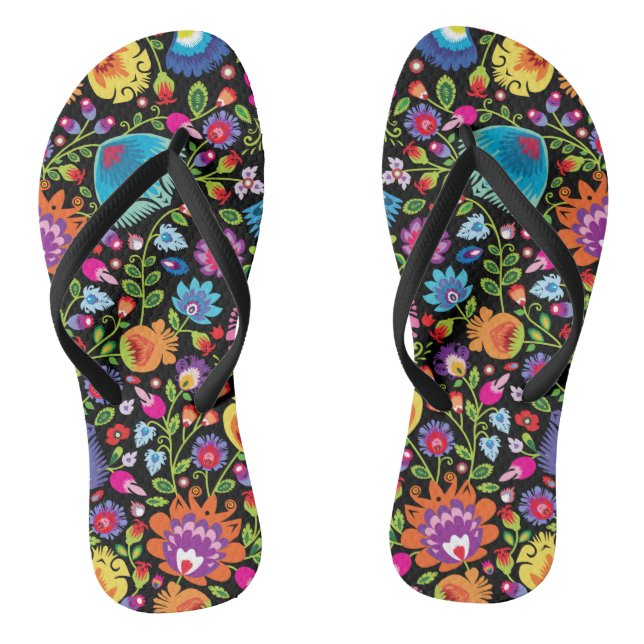 Folklore flowers Wycinanki black Flip Flops (Footbed)